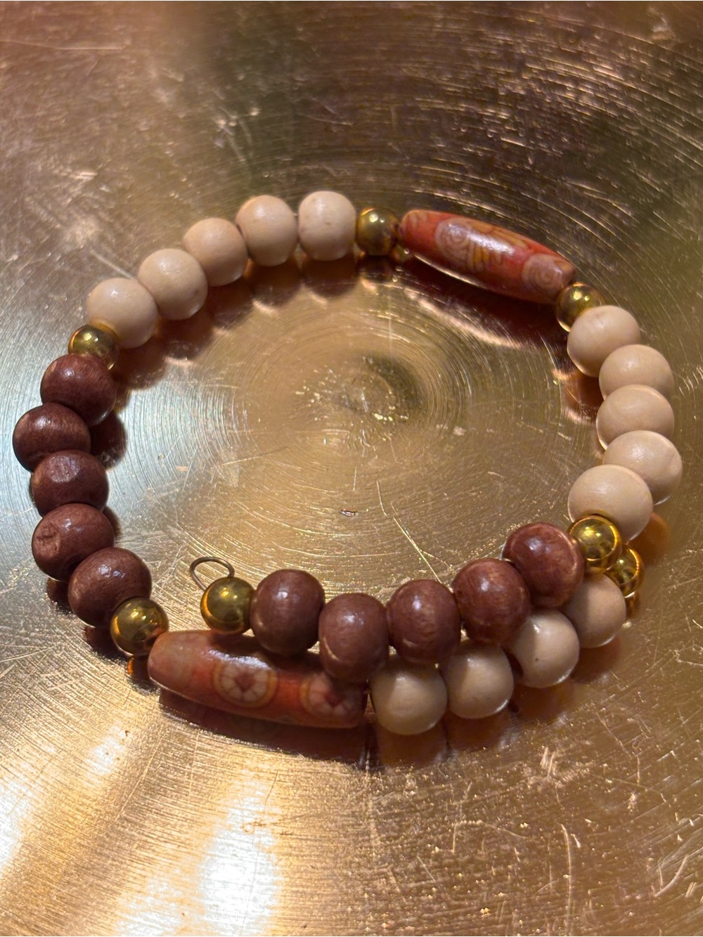 Neutral Brown & Cream Beaded Bracelet with Gold Accents